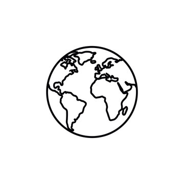 A simple line drawing of the Earth showcasing the continents on a white background