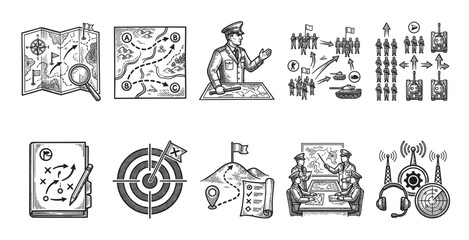 Obraz premium A collection of hand-drawn icons depicting military strategy, planning, and communication elements, including maps, targets, soldiers, and communication devices.