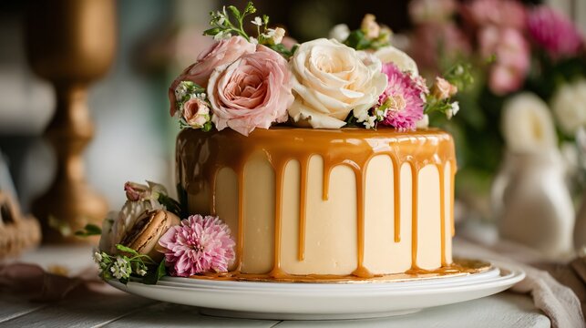 A caramel drip cake with smooth vanilla buttercream and glossy caramel cascading down the edges, decorated with fresh flowers under elegant indoor lighting