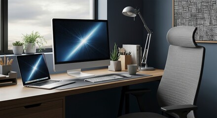 Fototapeta premium Modern workspace with computer and laptop for work.