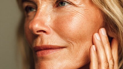 Fototapeta premium Profile of mature woman with natural skin texture and subtle smile touching her face with gentle expression and soft lighting in warm tones