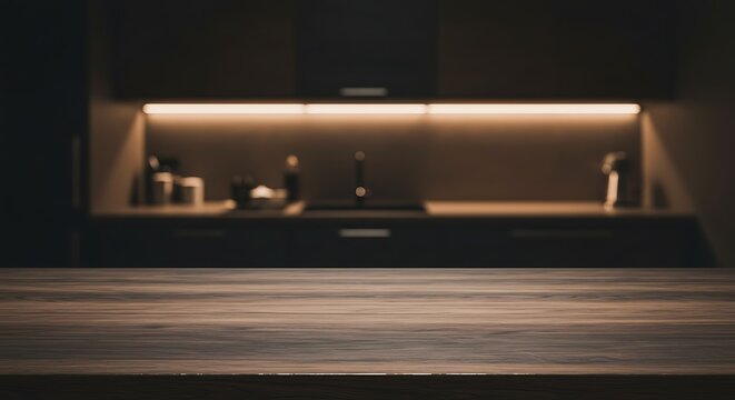 Dark kitchen interior with wooden countertop and blurred background lighting