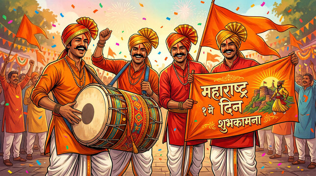 Maharashtra Day Celebration Vector Illustration: Men in Traditional Pheta Turban Playing Dhol Tasha with Saffron Flag and Shivaji Maharaj Graphics for May 1st Maharashtra Din