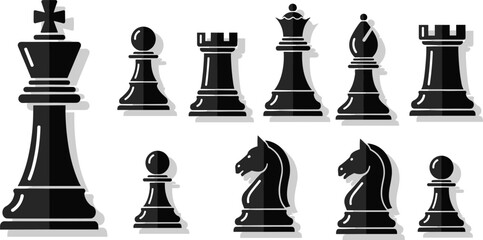 Chess pieces flat shadow icons set, black vector illustration of king queen rook bishop knight pawn strategic board game elements © MDRAKIB