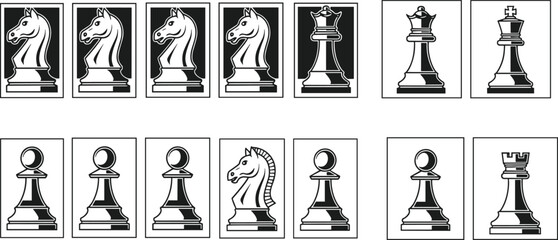 Chess pieces icons in square frames, black and white vector illustration set featuring king queen knight rook pawn design © MDRAKIB