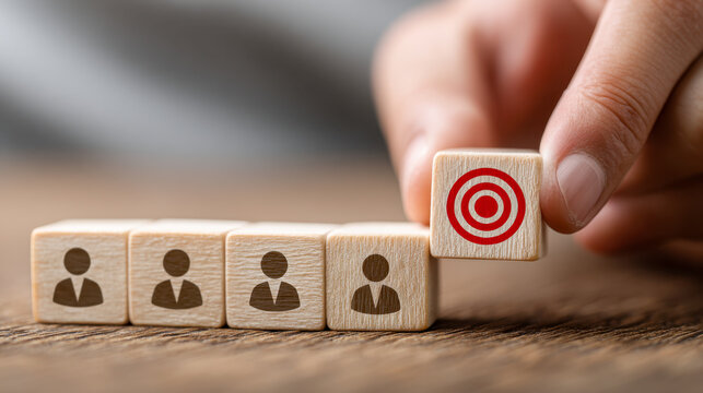 Person selecting a wooden block with a red target symbol among blocks representing people, concept for recruitment, hiring, and focus on goal achievement