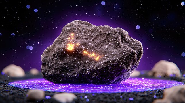 Dark Asteroid with Orange Veins Floating Above a Glowing Purple Circle in Space
