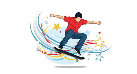 Obraz premium Young man performing a jump on a skateboard with colorful dynamic lines and bright stars in the background.
