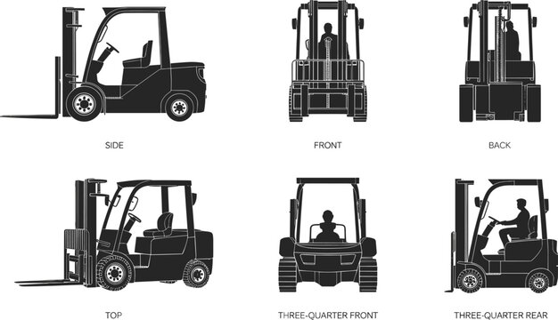 Flat vector forklift truck silhouette silhouettes cad drawing illustration side front back top three quarter front three quarter rear views