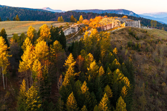 First World war,Cherle Fort,Trentino,Italy. Fort ruins stand on a hill surrounded by forest at sunset, a travel destination.