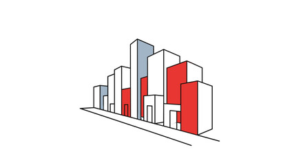 Fototapeta premium Stylized Cityscape with Red and Blue Accent Buildings