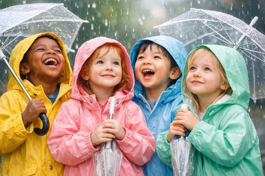 Happy diverse children in colorful raincoats under rain with umbrellas, joyful childhood and weather protection concept
