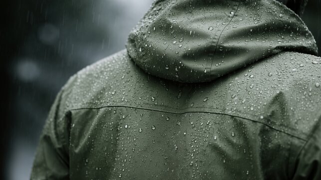 Waterproof green raincoat with water droplets in heavy rain, close up back view, outdoor weather protection concept