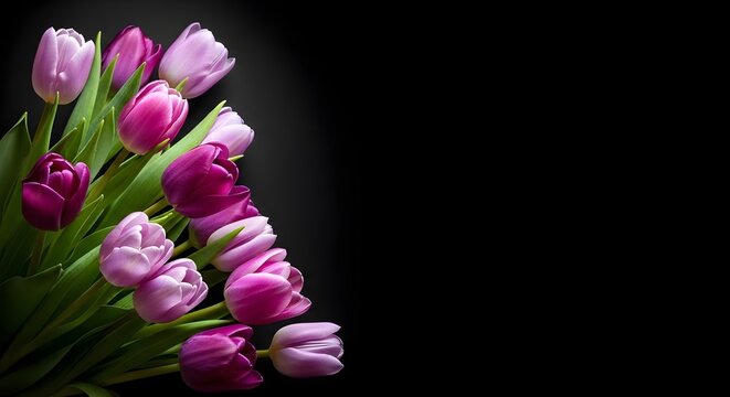 Purple tulips top border on black background, elegant floral header design, spring greeting banner, romantic luxury template, copy space
