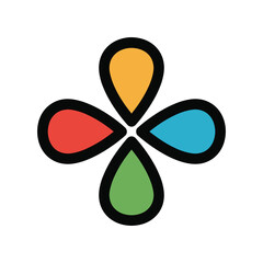 Fototapeta premium Colorful teardrop shapes forming a flower like symbol with black outline icon