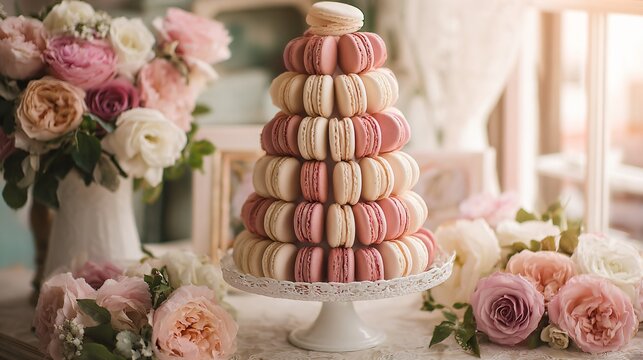 A rosewater macaron tower in pastel pink and cream shades stacked elegantly on a decorative cake stand surrounded by fresh roses in diffused natural daylight