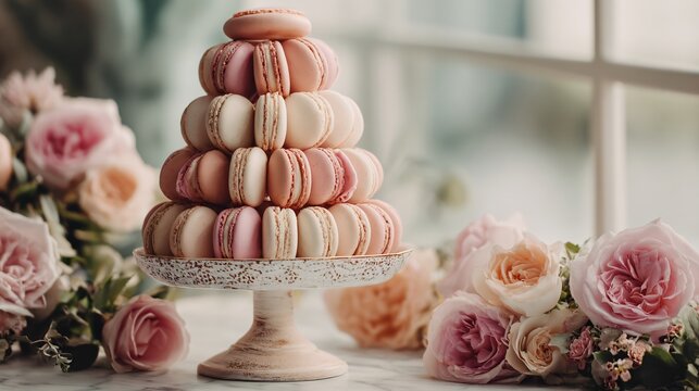 A rosewater macaron tower in pastel pink and cream shades stacked elegantly on a decorative cake stand surrounded by fresh roses in diffused natural daylight