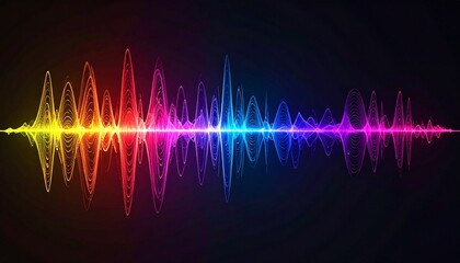 Fototapeta premium Vibrant soundwave pulses across darkness, oscillating through radiant spectrum; energy flows in peaks and troughs, symbolizing rhythm, resonance, and the harmony of unseen vibrations.