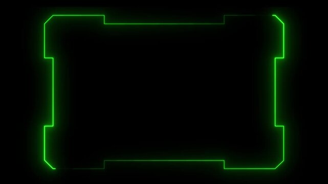 A glowing green neon rectangular frame against a stark black background