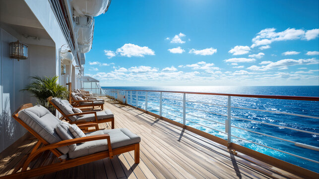 A cruise ship deck with sun loungers overlooking the ocean.