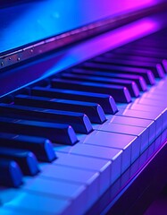 Fototapeta premium Vibrant piano keyboard with purple and blue lights at a music festival performance event