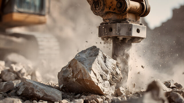 Hydraulic breaker crushing large rock on demolition site close up