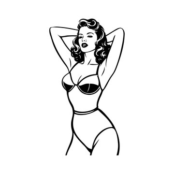 Logotipo con dibujo minimalista con l&iacute;neas de una mujer con bikini y peinado de estilo retro, con las manos unidas detr&aacute;s de la cabeza 