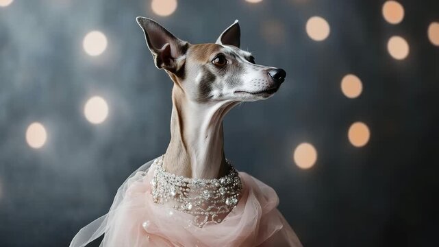 A dog is dressed in a lovely outfit and poses for the camera. Soft lights create a warm atmosphere. The setting adds charm to the moment with the dog being the center of attention