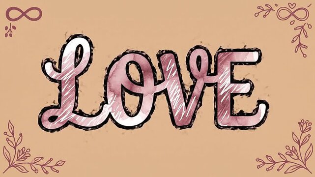 A video showcasing a beautiful and vibrant illustration of the word love in a decorative font on a peach background