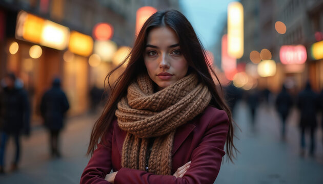 Young woman with dark hair wears chunky knit scarf. She stands on a city street at night with blurred lights. Her pose is confident and direct.