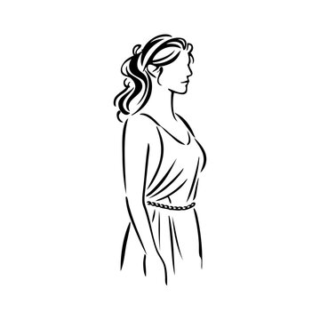 Logotipo con dibujo minimalista con l&iacute;neas de una mujer sin rostro con un vestido cl&aacute;sico de la antigua Grecia o Roma.
