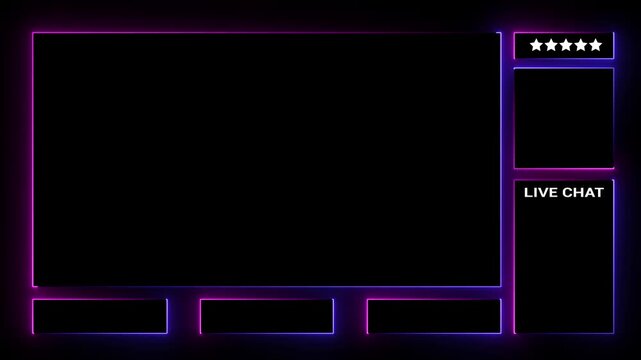 Neon framed black screen with live chat and star rating elements for streaming