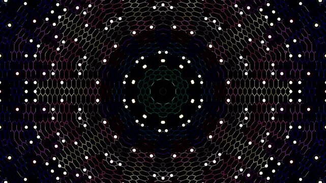 Symmetrical kaleidoscope motif with blue dots shapes forming a glowing geometric pattern on a black background.	