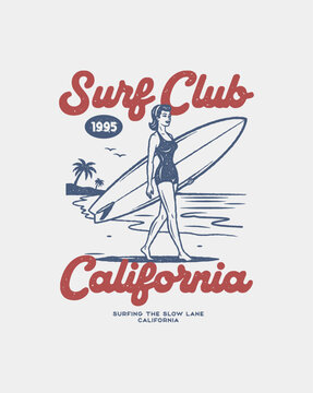 Vintage Surf Club California Woman with Surfboard.