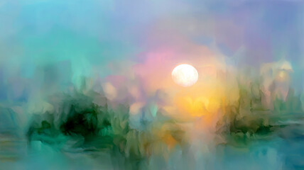 Fototapeta premium Blurred green background with a yellow circle inside. Dawn like a blurred dawn