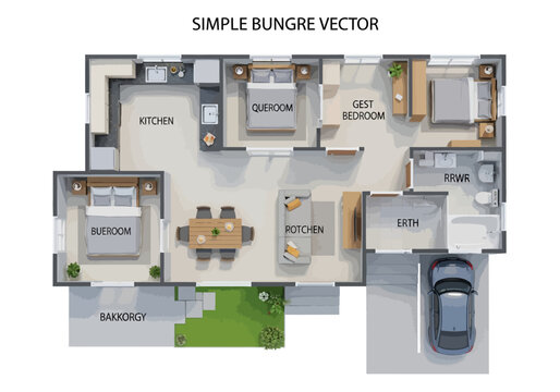 Simple Bunglow Floor Plan Vector Illustration Featuring Multiple Bedrooms, Kitchen, Living Area, and Attached Garage