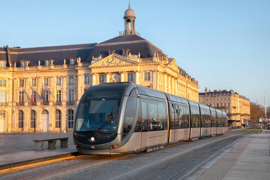 Bordeaux, France - modern tram on Place de la Bourse square