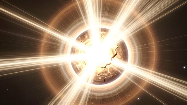 71. A photorealistic render of a magnetar starquake energy release, showing the neutron star surface rupturing and releasing an explosive burst of gamma ray and X-ray energy shown as brilliant expandi