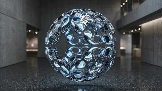 A circular form made of glossy floating shapes, reflective surfaces, precise symmetry, elegant abstract minimalism, ultra-realistic, no logos.
