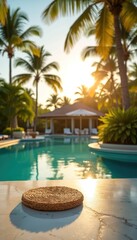 Naklejka premium Tropical resort poolside with turquoise water during sunset. Palm trees frame calm blue pool water with bright sunlight reflecting on surface. Luxury vacation destination.