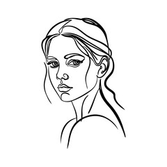 Logotipo de salón de belleza. Dibujo minimalista con línea continua de la cara de una mujer con pelo recogido, vista de perfil  © teracreonte
