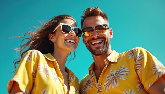 Smiling man and woman in matching yellow floral shirts and sunglasses against bright blue sky. Couple enjoys sunny day together outdoors, looking happy. Summer fashion.