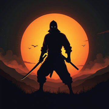 Ninja silhouette with two swords stands against a large orange moon. Mountains and grass in background. Birds fly in sky. This image evokes battle ready warrior spirit.