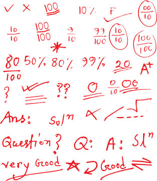 Handwritten test paper grading marks A+ checkmarks percentages