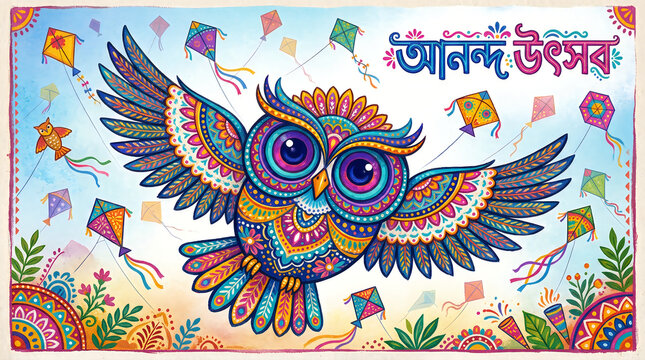 Vibrant colorful owl kite flying kites in sky with bengali text on a white background