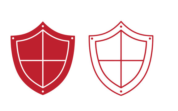 Red shield solid and outlined, with cross sections and rivets symbol protection security