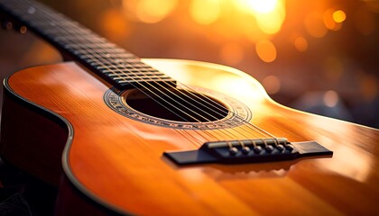 Fototapeta premium Close-up of a beautiful acoustic guitar with sunlight shining.