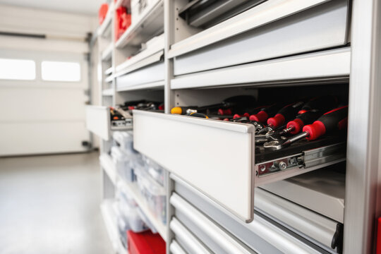 Tool storage mockup with organized metal drawers and an open drawer showcasing tools
