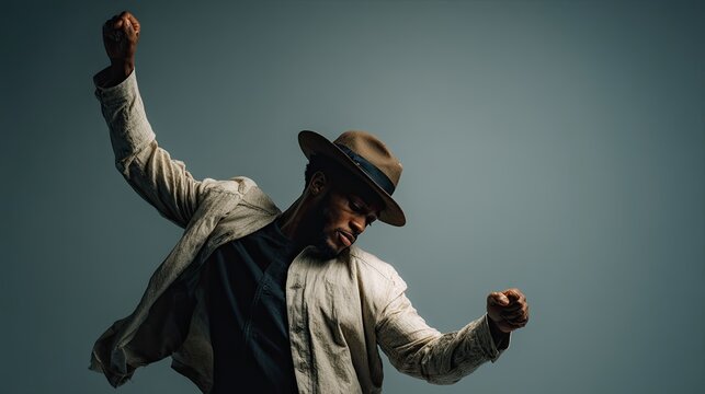 Portrait of a young African man in a hat and jacket dancing on a gray background. Active movement.