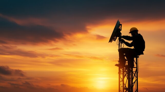 Telecommunication technician working on antenna urban location silhouette image dusk environment high angle viewpoint industry concept for seo impact